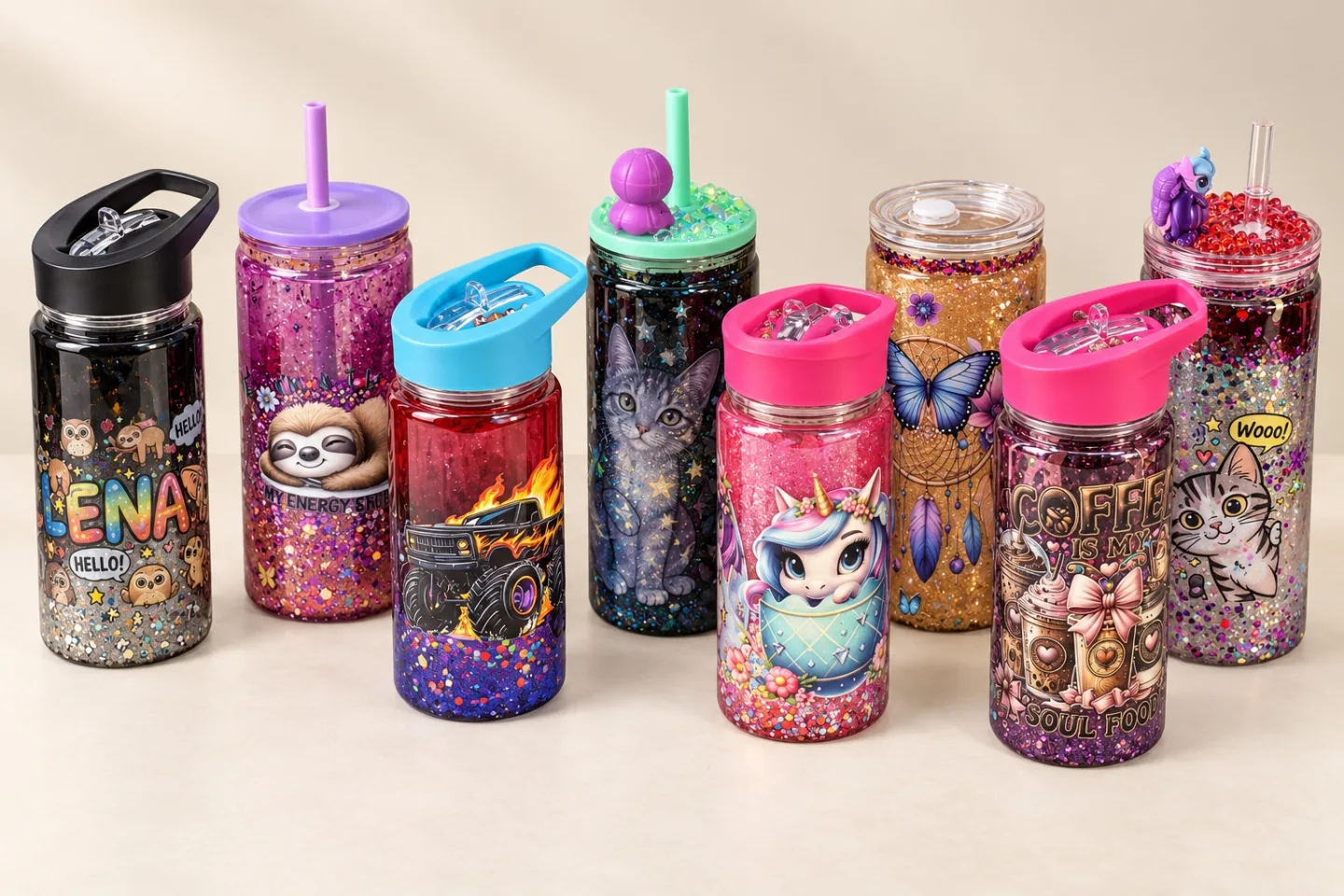 Eine Kollektion bunter Glitzerbecher und Glitzerflaschen mit unterschiedlichen Motiven