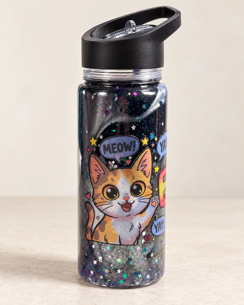 Schwarze Glitzerflasche mit buntem Katzenmotiv