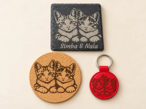 Untersetzer und Anhänger mit gravierten Katzenmotiven