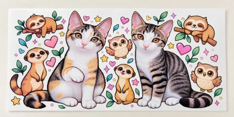 Stickerbogen mit Katzen, Faultieren, Erdmännchen und Eulen